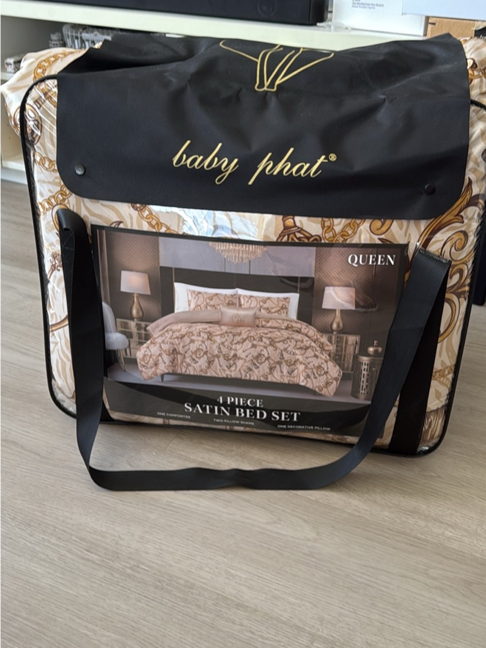 Baby Phat Queen 4-Piece Satin Bed Set in Beige and Gold Print
